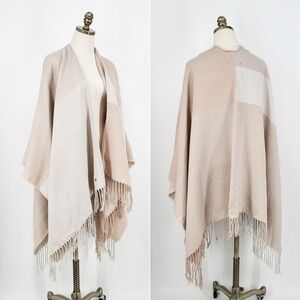 Soia & Kyo Knit Scarf Cardigan Wrap Sweater Fringe Colorblock Tan Cream NWT